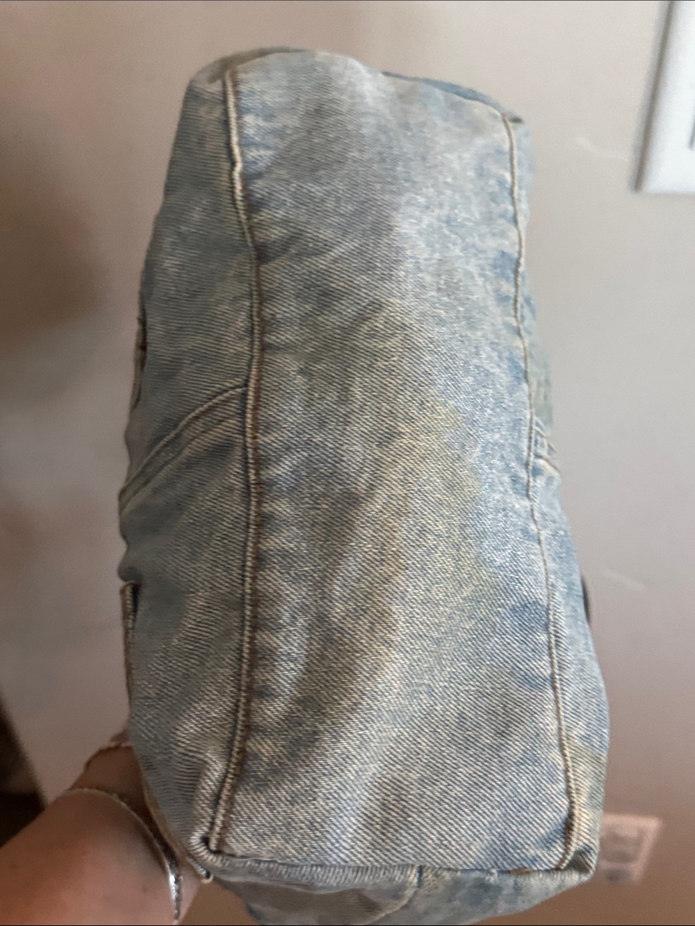 Denim Tote Shoulder Bag with Embossed Brown Trim - Picture 6 of 8